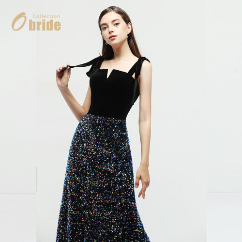 obride黑色名媛显瘦亮片丝绒吊带