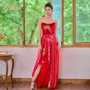 Obride2023新款 抹胸新娘敬酒服高级感红色小个子刺绣礼服晨袍两穿