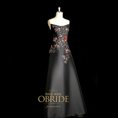 obride抹胸显瘦黑色缎面礼服