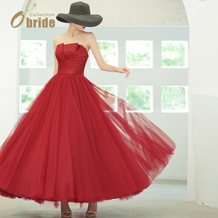 Obride红色敬酒礼服高端轻奢小众新娘小个子大码 订婚缎面礼服定制