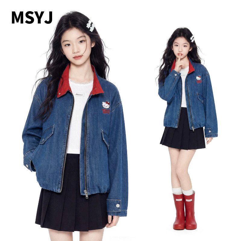 MSYJ 童装儿童2026秋款猫咪绣花牛仔外套女童春秋立领休闲上衣