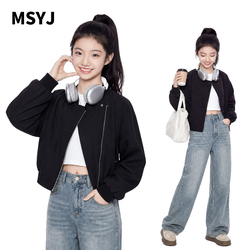 MSYJ 女童斜拉链短款外套2026新款秋装儿童长袖休闲夹克上衣