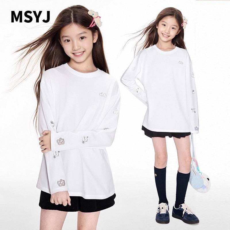 MSYJ 小众休闲印花女童长袖T恤秋季设计感纯棉宽松白色打底上衣
