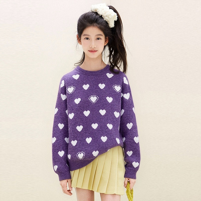 MSYJ 爱心提花毛衣女童秋冬加厚圆领紫色休闲上衣套头针织衫
