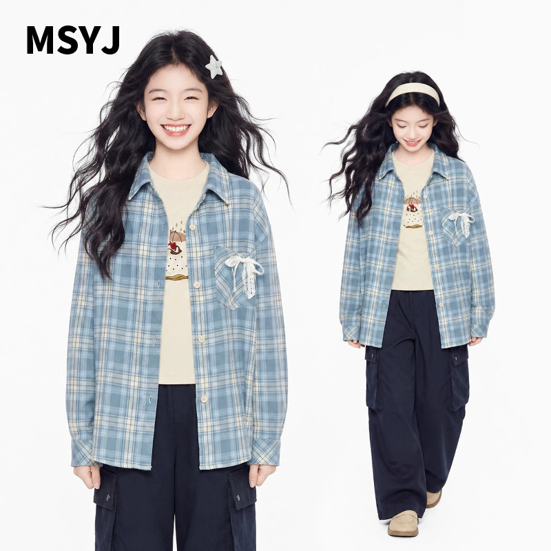 MSYJ 女童秋装格子衬衫2026新款儿童翻领长袖衬衣纯棉休闲上衣
