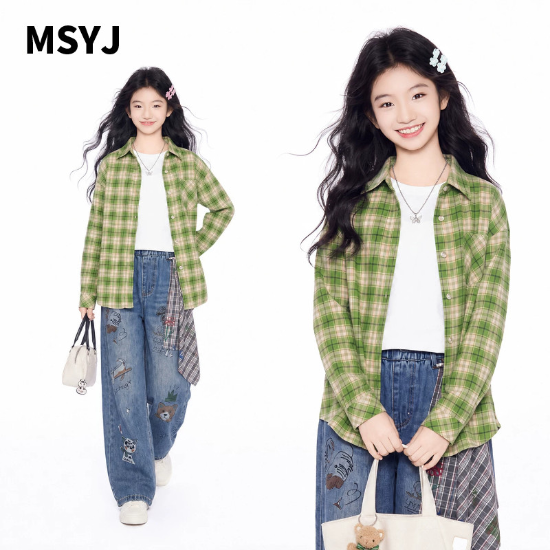 MSYJ 儿童纯棉格子衬衫2026新款秋装女童长袖衬衣翻领休闲上衣