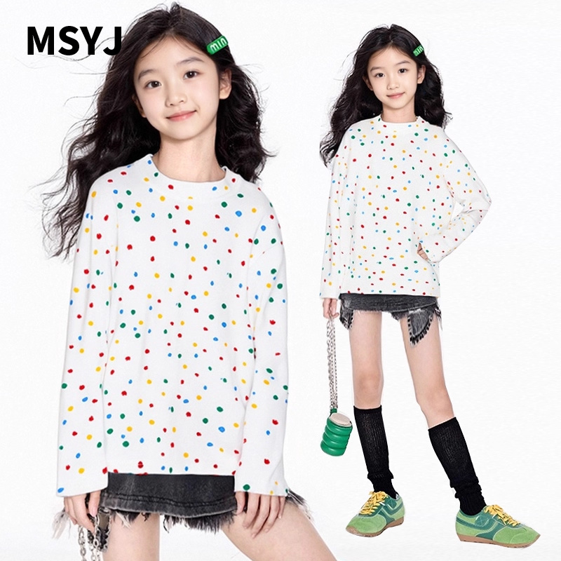 MSYJ 多巴胺彩色波点长袖T恤女童秋季新款字母印花休闲圆领上衣
