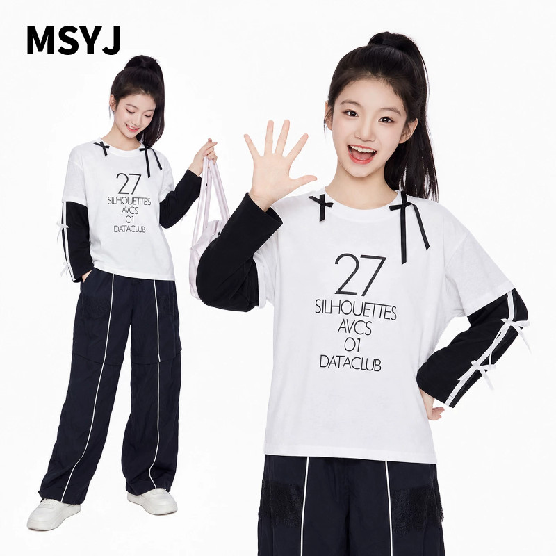 MSYJ 女童蝴蝶结假两件T恤套装2026新款儿童秋季长袖休闲两件套
