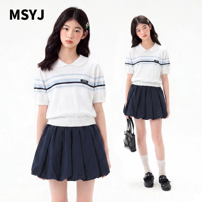 MSYJ 儿童学院风针织套装2026夏季女童短袖娃娃领T恤半身裙两件套