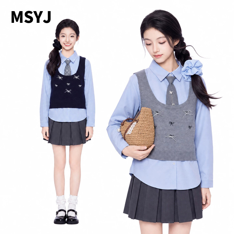 MSYJ 儿童套装秋季2026新款学院风女童蝴蝶结针织衫百褶裙三件套