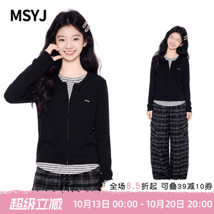 MSYJ 女童秋季假两件拉链衫格子裤套装2026初中生休闲外套两件套