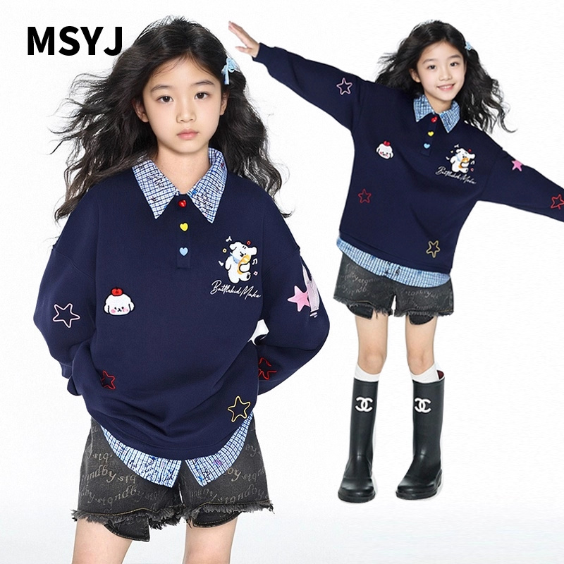 MSYJ 学院风复古刺绣卫衣女童假两件polo领秋季宽松休闲上衣