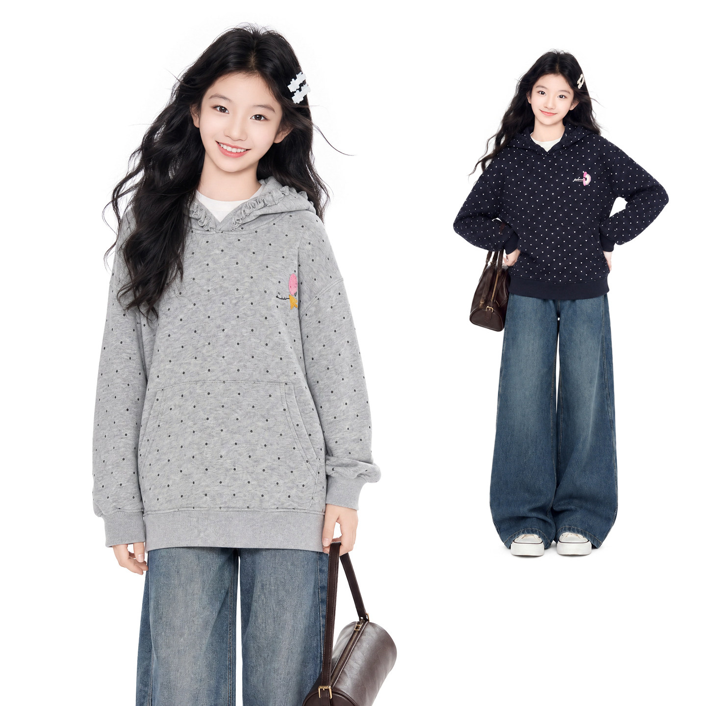 MSYJ 女童加绒波点连帽花边卫衣2026初中生秋冬加厚休闲上衣套头