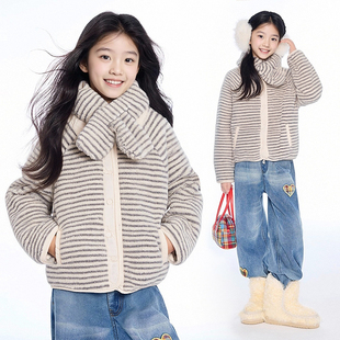 MSYJ 羊羔绒外套女童秋冬双面穿2025新款条纹休闲加厚毛毛衣