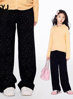 MSYJ 黑色波点加绒牛仔裤女童秋冬碎花直筒裤子加厚休闲长裤