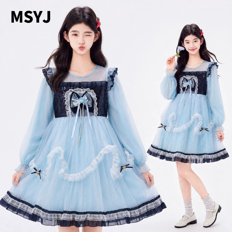 MSYJ 女童甜美蝴蝶结公主裙2026秋季新款儿童长袖洛丽塔连衣裙