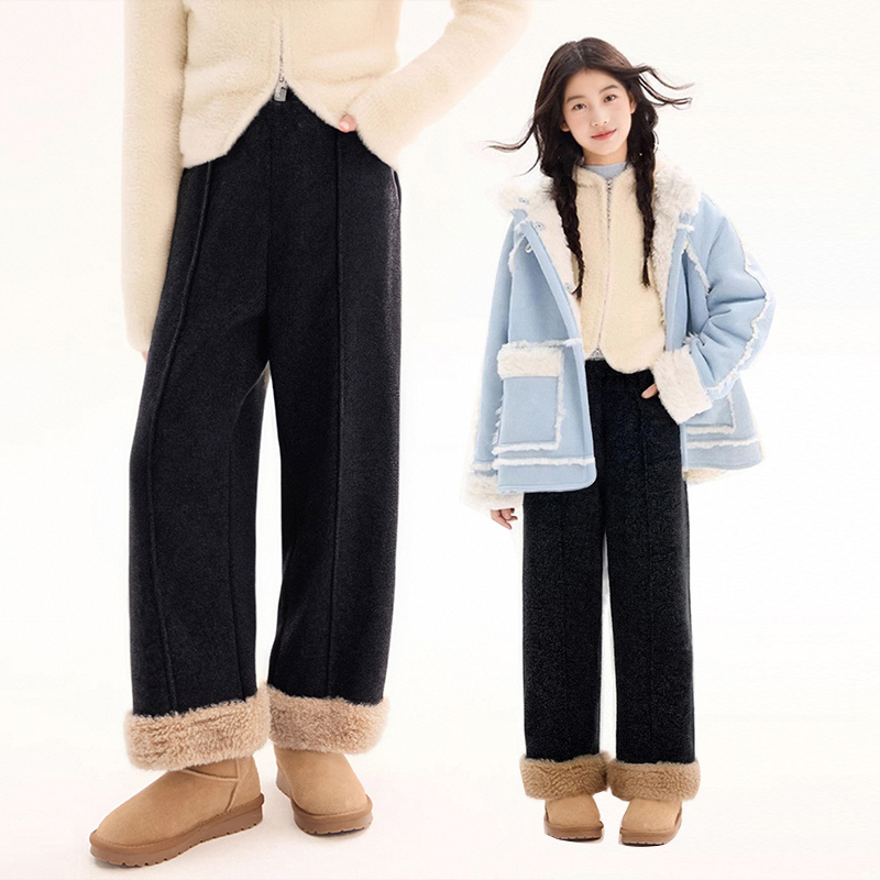 MSYJ 毛呢休闲直筒裤女童秋冬加绒长裤中大童新款保暖加厚裤子