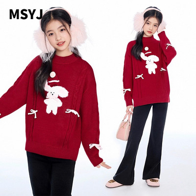 MSYJ 蝴蝶结毛衣女童秋冬加厚2025新款圆领红色针织衫休闲上衣