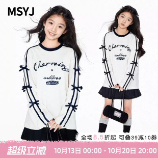 MSYJ 字母印花T恤长袖女童蝴蝶结宽松春秋初中生纯棉休闲圆领上衣