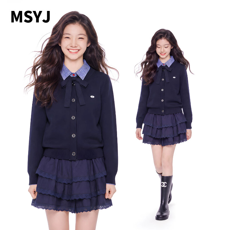 MSYJ 女童秋季休闲套装2026儿童新款学院风针织开衫半身裙三件套