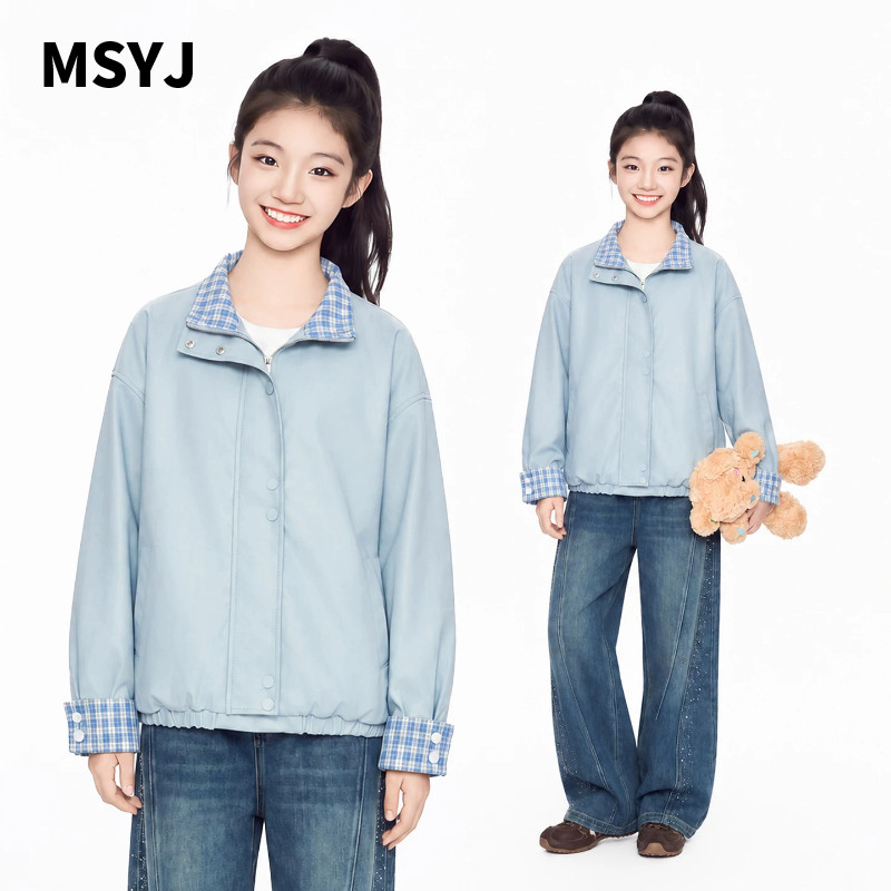 MSYJ 儿童拼接格子时尚蓝色短款皮衣2026新款女童秋季休闲夹克