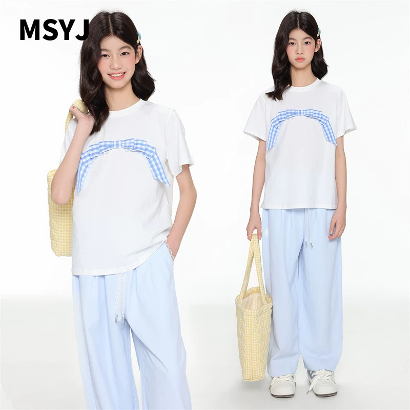 MSYJ 儿童立体蝴蝶结短袖T恤2026新款女童夏季圆领休闲半袖上衣