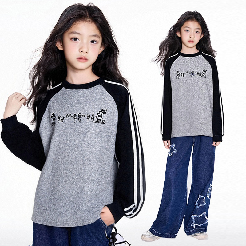 MSYJ 拼色圆领卫衣加绒女童秋冬新款插肩袖加厚休闲上衣长袖