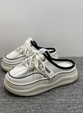 处理34.35码真皮包头半拖鞋女2025夏季新款厚底凉拖懒人无后跟鞋