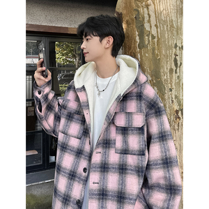 MH10`条纹ins加厚中长款羊羔毛呢料外套连帽棉衣棉服男 P118图片