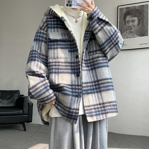 MH11`条纹ins加厚中长款羊羔毛呢料外套连帽棉衣棉服男 P118图片