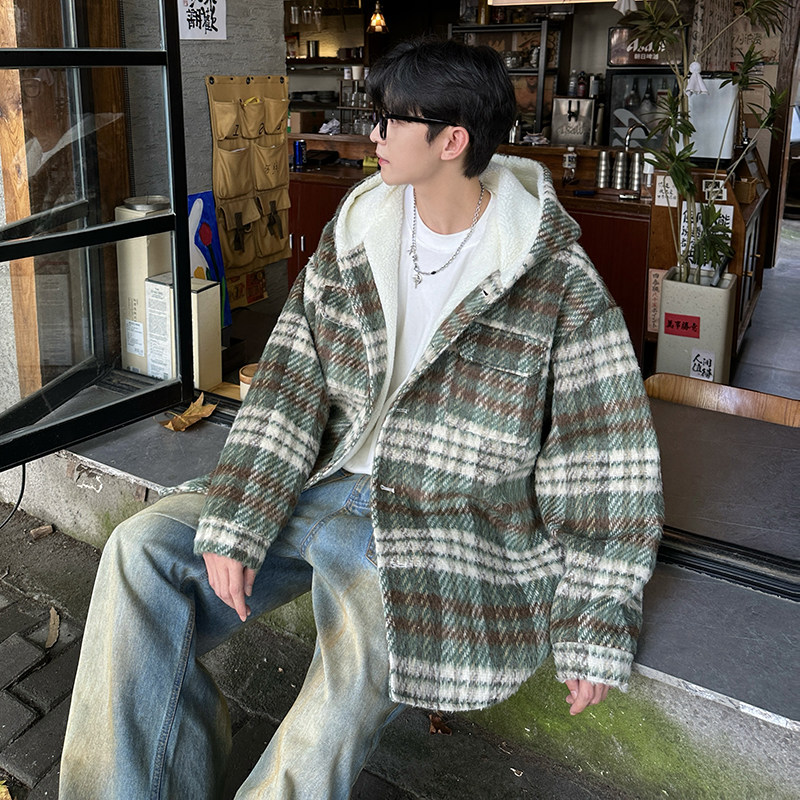 MH09`条纹ins加厚中长款羊羔毛呢料外套连帽棉衣棉服男P118,男装棉衣,电商A066