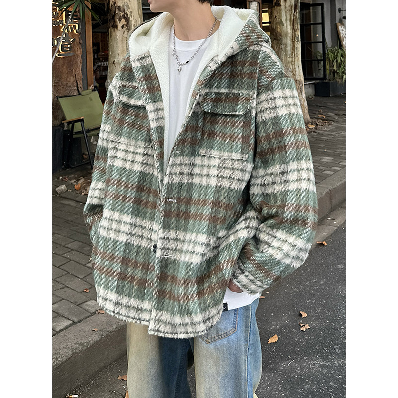MH09`条纹ins加厚中长款羊羔毛呢料外套连帽棉衣棉服男P118,男装棉衣,电商A066
