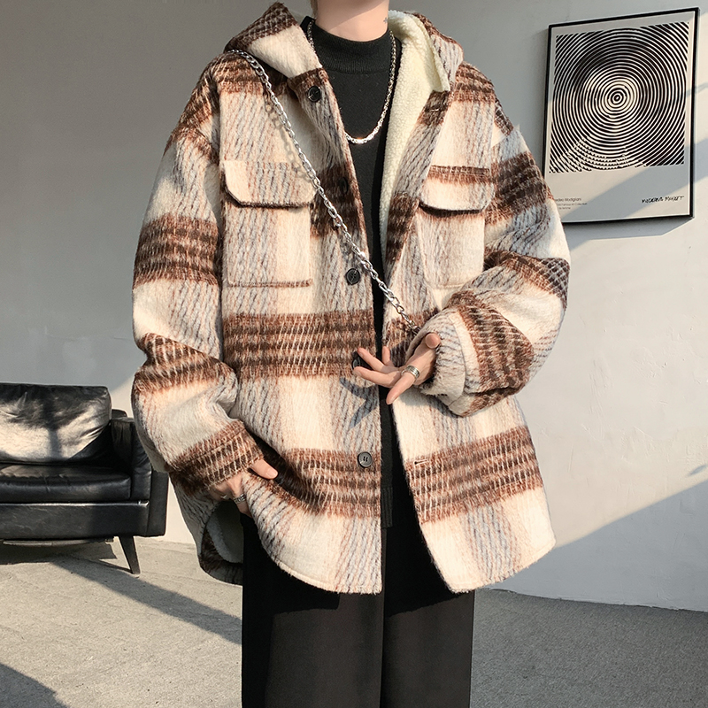 MH08`条纹ins加厚中长款羊羔毛呢料外套连帽棉衣棉服男P118，男装棉衣，电商A066