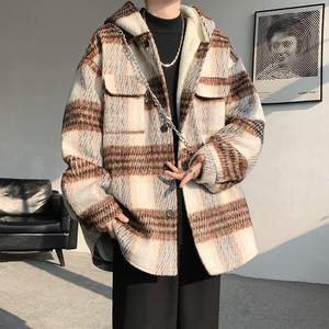 MH08`条纹ins加厚中长款羊羔毛呢料外套连帽棉衣棉服男 P118,男装棉衣,电商A066