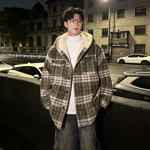 MH09`条纹ins加厚中长款羊羔毛呢料外套连帽棉衣棉服男 P118图片