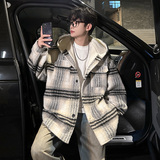 MH08`条纹ins加厚中长款羊羔毛呢料外套连帽棉衣棉服男P118，男装棉衣，电商A066