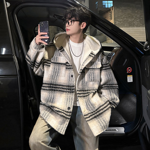 MH08`条纹ins加厚中长款羊羔毛呢料外套连帽棉衣棉服男 P118图片