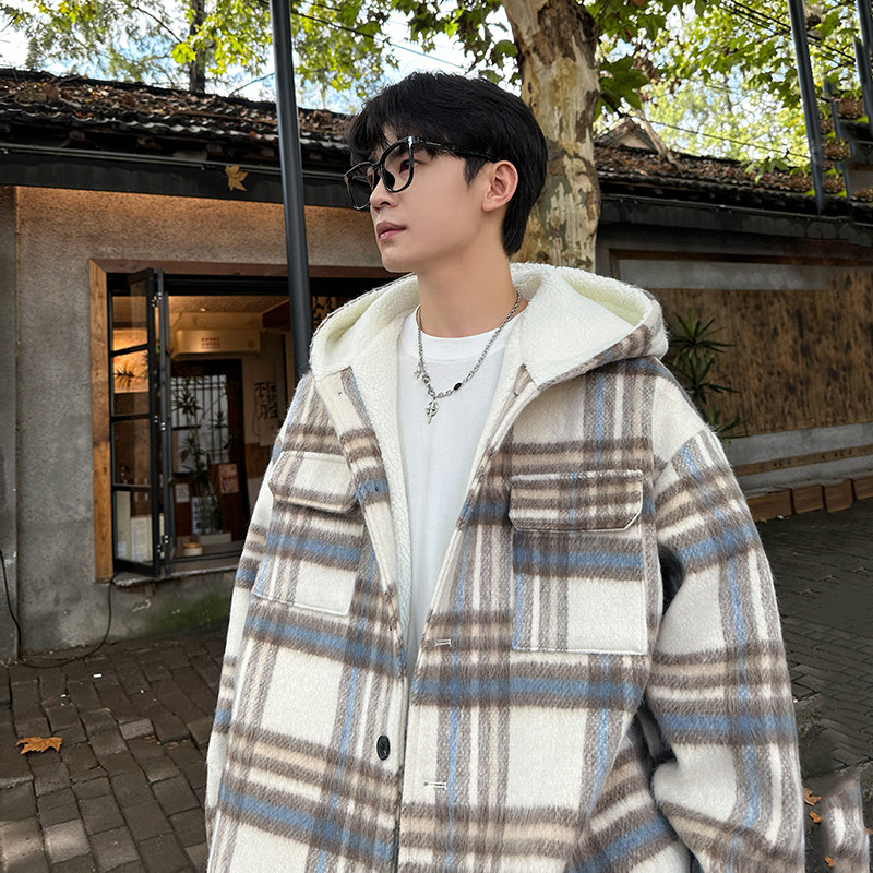 MH11`条纹ins加厚中长款羊羔毛呢料外套连帽棉衣棉服男 P118图片