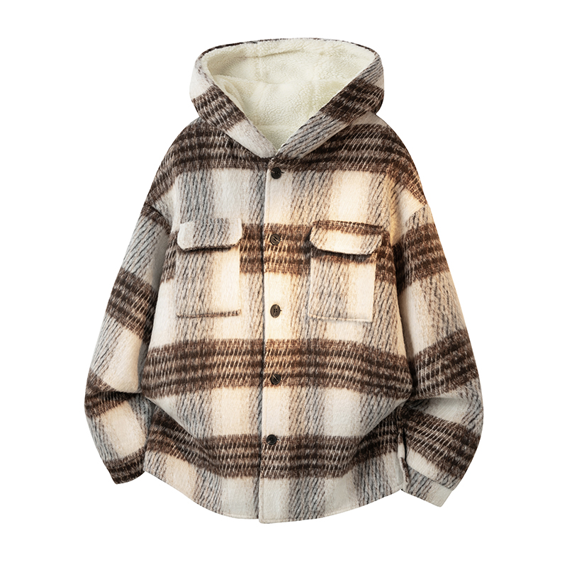 MH08`条纹ins加厚中长款羊羔毛呢料外套连帽棉衣棉服男P118，男装棉衣，电商A066