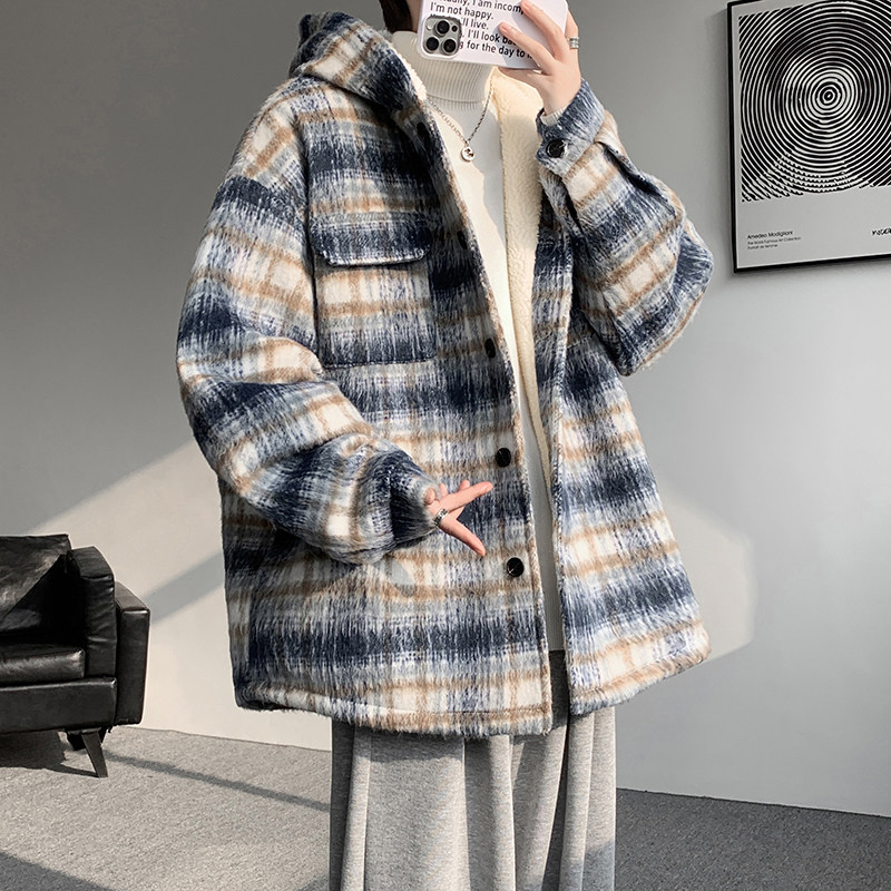 MH16`条纹ins加厚中长款羊羔毛呢料外套连帽棉衣棉服男P118，男装棉衣，电商A066