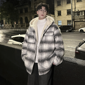 MH16`条纹ins加厚中长款羊羔毛呢料外套连帽棉衣棉服男 P118图片