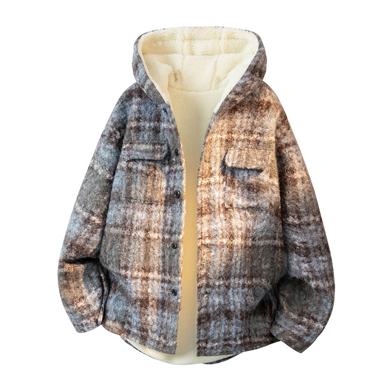 MH12`条纹ins加厚中长款羊羔毛呢料外套连帽棉衣棉服男P118，男装棉衣，电商A066