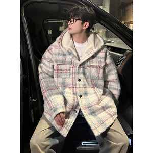 MH12`条纹ins加厚中长款羊羔毛呢料外套连帽棉衣棉服男 P118图片