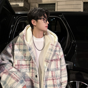 MH12`条纹ins加厚中长款羊羔毛呢料外套连帽棉衣棉服男 P118图片