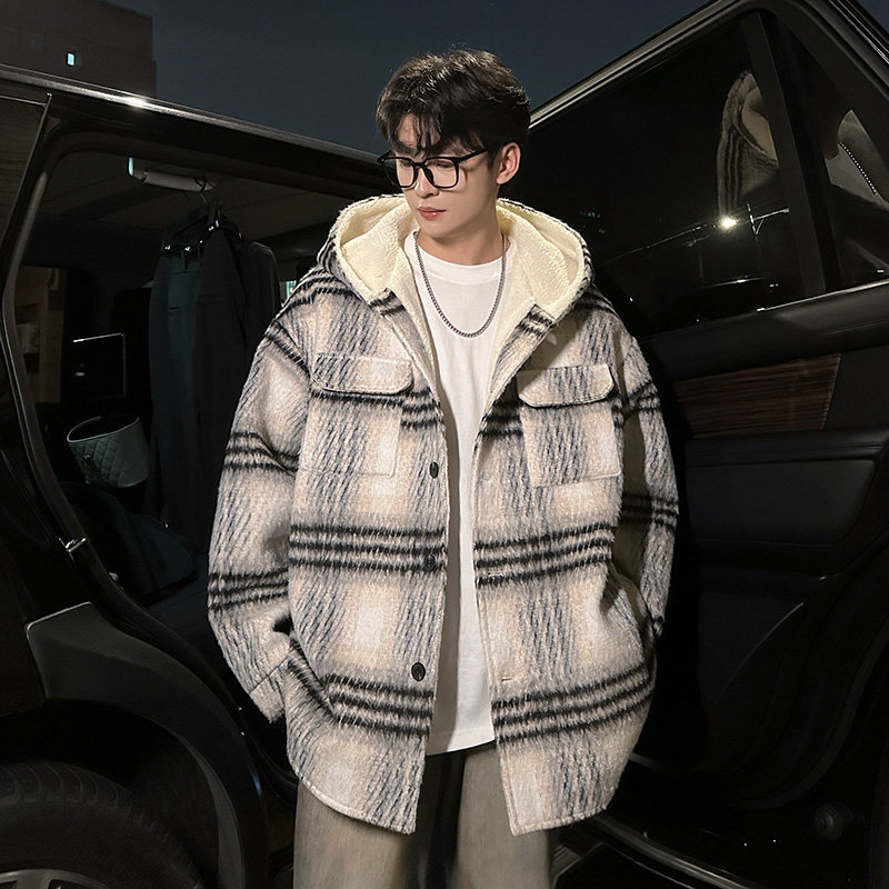 MH08`条纹ins加厚中长款羊羔毛呢料外套连帽棉衣棉服男P118,男装棉衣,电商A066