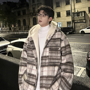 MH15`条纹ins加厚中长款羊羔毛呢料外套连帽棉衣棉服男 P118图片