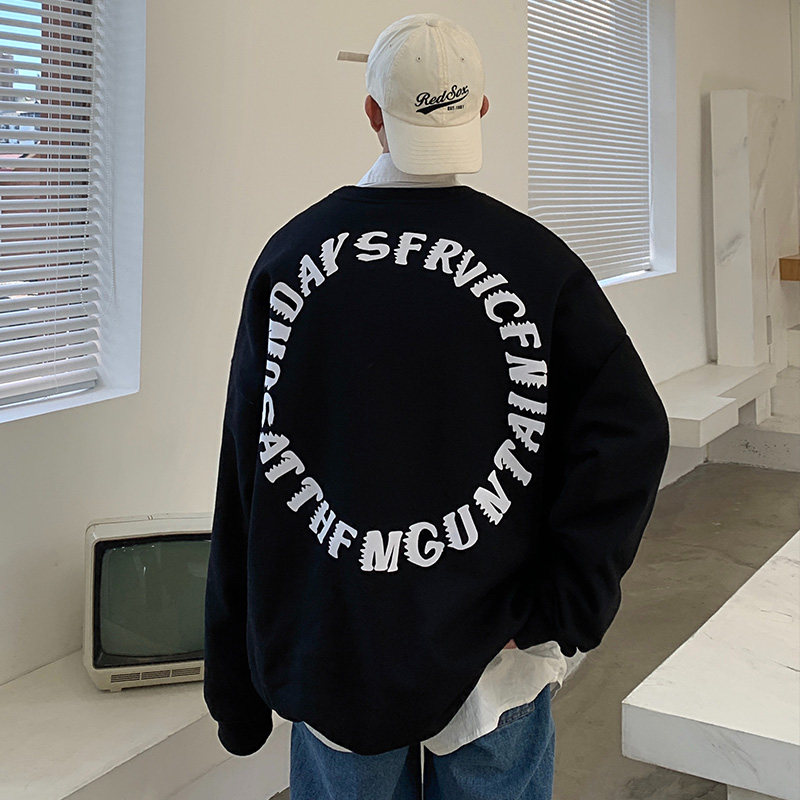 WS01宽松ins潮牌港风大码圆领套头卫衣男P3858黑色，男装卫衣，电商A066