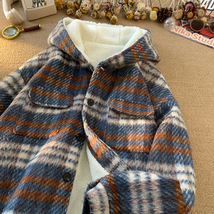 MH09`条纹ins加厚中长款羊羔毛呢料外套连帽棉衣棉服男 P118图片