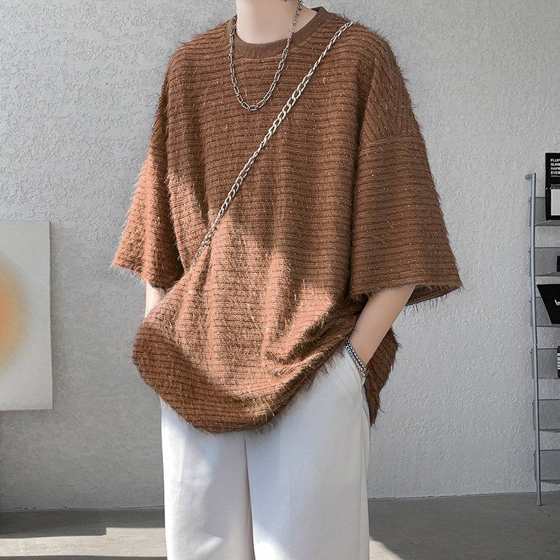 DX1552`流苏银线重工艺港风五分袖宽松ins短袖T恤男P4568咖，男装T恤，电商A066