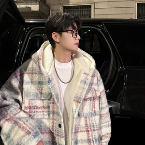 MH12`条纹ins加厚中长款羊羔毛呢料外套连帽棉衣棉服男 P118图片